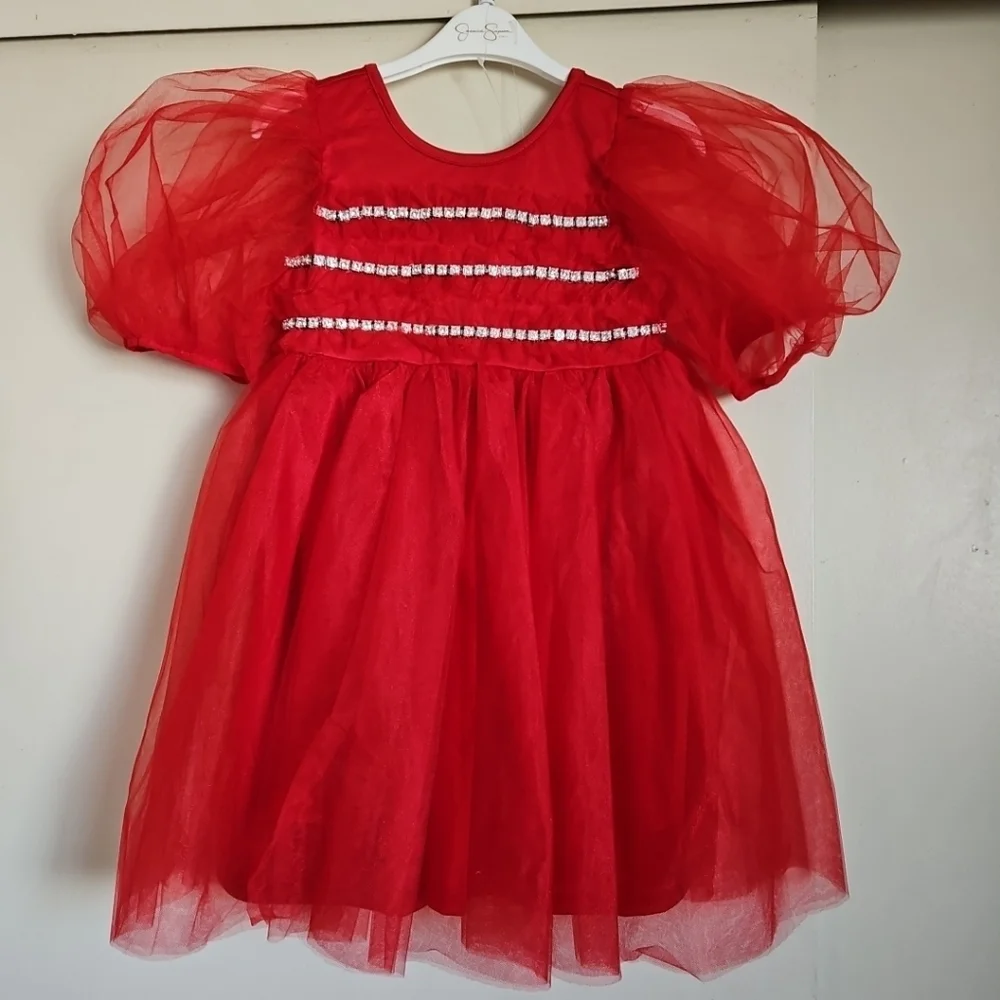 Jessica Simpson Flower Girl Red Tulle Dress Puff Sleeves Rhinestones Accent 6X